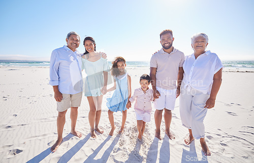 Image of Big family, grandparents portrait or happy children at sea holding hands to relax on holiday together. Dad, mom or kids siblings love bonding or smiling with grandmother or grandfather on beach sand