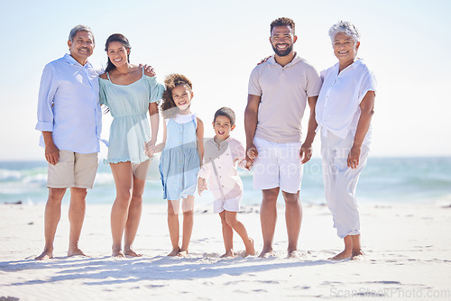 Image of Big family, grandparents portrait or happy kids at sea holding hands to relax on holiday together. Dad, mom or children siblings love bonding or smiling with grandmother or grandfather on beach sand