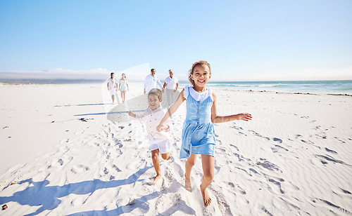 Image of Big family, sea or happy kids holding hands, running or smiling in summer with happiness or joy in nature. Grandparents, smile or young children siblings bonding, playing or walking on beach sand