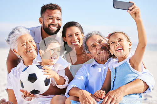 Image of Big family, grandparents or happy kids take a selfie at beach bonding together on holiday in Mexico. Social media, mom or grandfather relaxing with grandmother or children siblings taking pictures