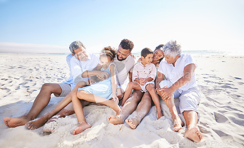 Image of Vacation, travel or big family on beach to relax in nature bonding to enjoy quality time in summer. Happy kids, wellness or children laughing with grandparents, father or mother by ocean on holiday