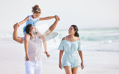 Image of Holding hands, beach or parents walking with a happy kid for a holiday vacation together with happiness. Piggyback, mother and father playing or enjoying family time with a young boy or kid in summer