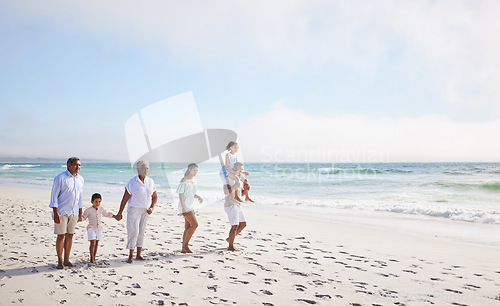 Image of Big family, grandparents walking or children on beach with young siblings holding hands on holiday together. Dad, mom or kids love bonding, smiling or relaxing with senior grandmother or grandfather