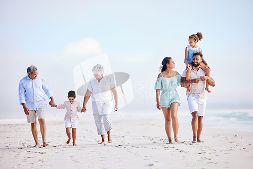 Image of Big family, grandparents walking or kids on beach with young siblings holding hands on holiday together. Dad, mom or children love bonding, smiling or relaxing with senior grandmother or grandfather