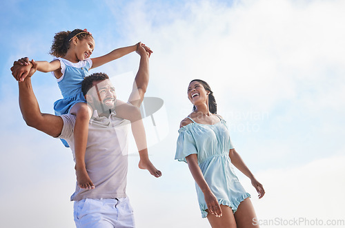 Image of Piggyback, sea or parents walking with a child for a holiday vacation together with happiness in summer. Holding hands, mother and father playing or enjoying family time with a happy girl or kid