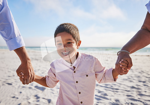 Image of Holding hands, beach or portrait of a happy kid walking on a holiday vacation together with happiness. Parents, mother and father playing or enjoying family time with a young boy or child in summer