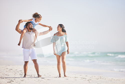 Image of Holding hands, beach or parents walking with a girl for a holiday vacation together with happiness. Piggyback, mother and father playing or enjoying family time with a happy child or kid in summer