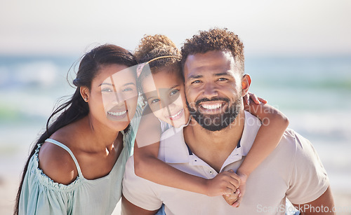 Image of Mother, beach or portrait of father with child on happy family holiday, vacation or weekend together. Piggyback, mom or dad smiling or bonding with child, daughter or kid at seaside with happiness