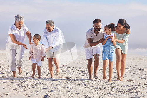 Image of Big family, grandparents or happy kids walking on beach to relax with siblings on fun holiday together. Dad, mom or children love bonding, smiling or playing with senior grandmother or grandfather