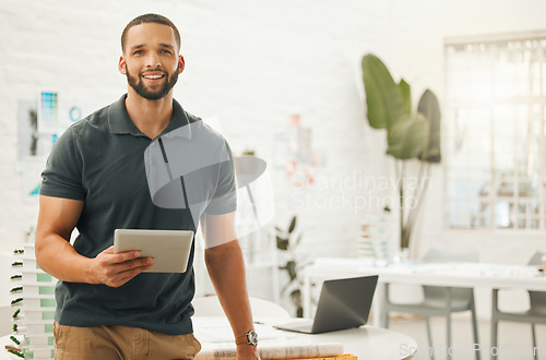 Image of Architecture, tablet and portrait of man in office for engineering, internet and buildings. Digital, construction and creative with male designer for project management, website and technology