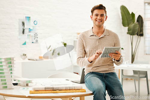 Image of Architecture, smile and portrait of man with tablet in office for engineering, internet and buildings. Digital, construction and creative with designer for project management, website and technology