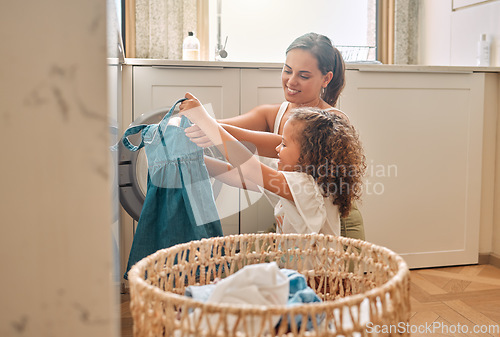 Image of Relax, laundry and washing machine with mother and daughter for helping, learning and cleaner. Housekeeping, teamwork and basket with woman and young girl in family home for teaching and clothes