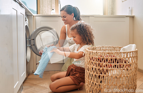 Image of Cleaning, help and washing machine with mother and daughter for laundry, learning and cleaner. Housekeeping, teamwork and basket with woman and young girl in family home for teaching and clothes