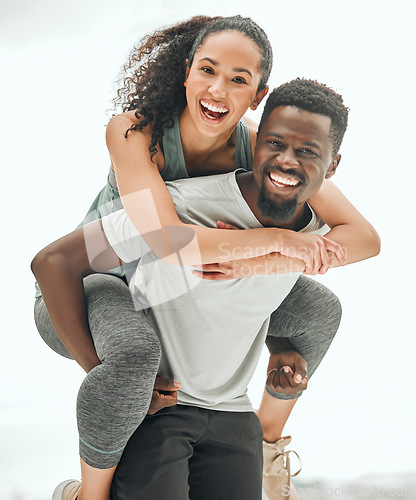 Image of Happy people in portrait, piggyback and hiking outdoor with smile, fun and fitness with interracial couple. Excited, workout together and trekking, black man and woman are playful with happiness