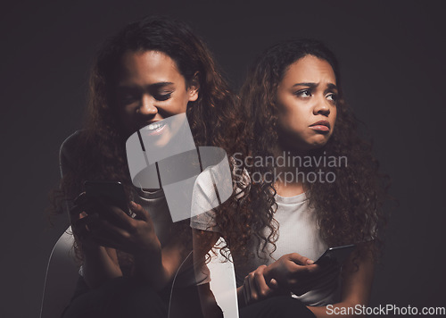 Image of Mental health, phone and woman in studio on social media with stress, fear or bipolar disorder. Double exposure, cellphone and female person with trauma, anxiety or schizophrenia by black background.