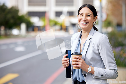 Image of Business woman in street, travel with coffee in portrait, smile on commute with mockup space and outdoor. Female professional in urban street, happy with hot drink and person traveling to work