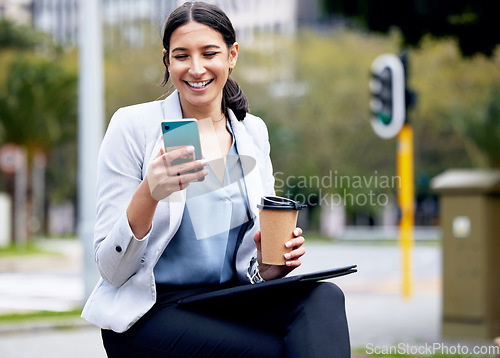 Image of Business woman, coffee break and city with phone for contact, communication or smile at meme on social media. Happy female worker outdoor, travel with online chat and relax with drink, mobile or tech