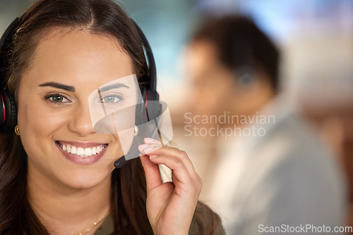 Image of Business woman, smile portrait and call center with telemarketing and contact us talk. Female worker, consultant and crm employee with headset on customer service and consulting job in office