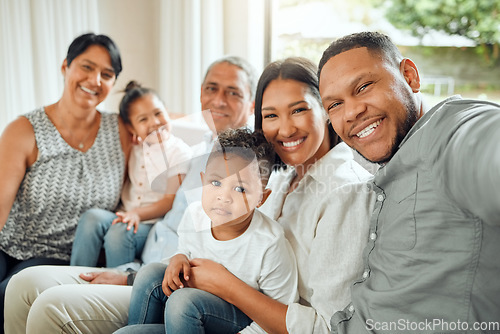 Image of Happy big family, portrait smile and selfie on living room sofa together for holiday, weekend or bonding at home. Grandparents, parents and kids smiling for fun photo, memory or vlog on lounge couch