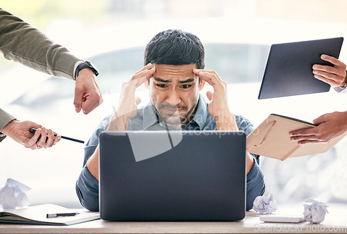 Image of Stress, headache and chaos of man on computer in burnout, anxiety or mental health crisis, mistake and fail. Depression, brain fog and manager for time management, business questions and people hands