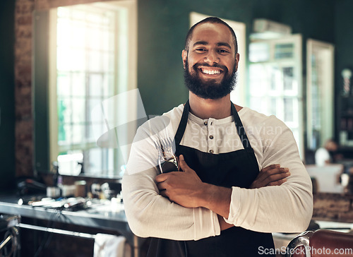 Image of Barber shop, hair stylist smile and black man portrait of an entrepreneur with beard trimmer. Salon, professional worker and male person face with happiness from small business and beauty parlor