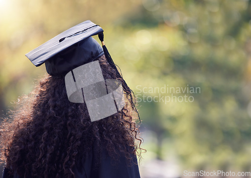 Image of Graduation cap, student back and woman for university, education or school success, job search and success. College graduate or person for scholarship, diploma or study achievement on campus or park