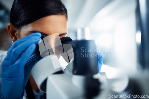 Image of Woman, scientist and microscope for forensic science research, discovery or data analysis at lab. Female person, medical professional and scientific results for cure, virus or vaccine in laboratory