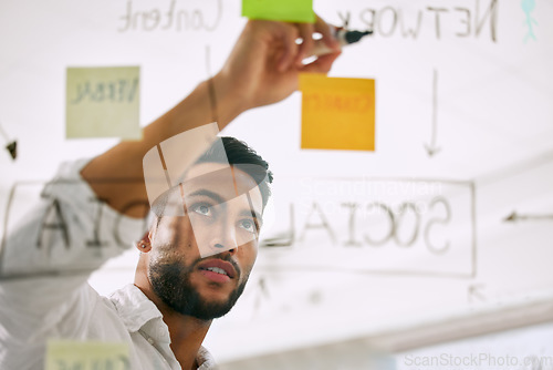 Image of Writing, planning and business man for brainstorming, project workflow and management goals on glass board. Startup, ideas and creative worker, employee or person with work schedule with sticky notes