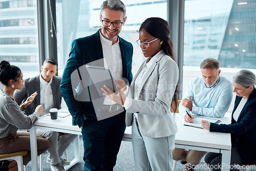 Image of Business people, tablet and conversation with ceo for planning and collaboration in office. Technology, teamwork and black woman with mentor in discussion, communication and research on digital app