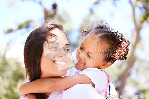 Image of Child, mother and piggyback with family outdoor in nature for summer happiness, love and care. Face of a woman or mom and girl kid playing together at park for adventure, quality time and freedom