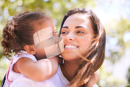 Image of Mother, child and kiss in nature, piggyback or bonding on happy summer holiday. Mom, ride and girl kissing cheek, love and affection, care and enjoying quality family time together in outdoor park.