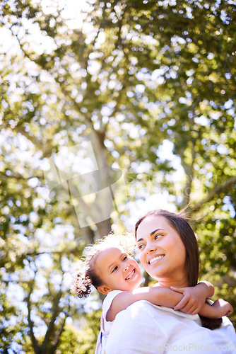 Image of Mother, child and family outdoor for a piggyback in summer with happiness, love and care. Woman or mom and girl kid playing together at nature park for adventure, quality time and freedom with space