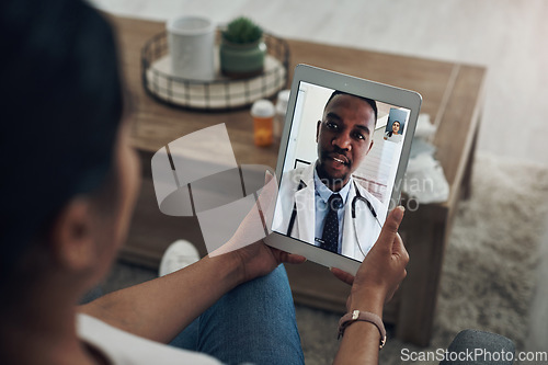 Image of Tablet, remote consulting with a doctor and a patient in the home for healthcare, medical or insurance. Video call, telehealth and contact with a person talking to a medicine professional online