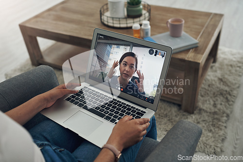 Image of Laptop, telehealth consulting with a doctor and a patient in the home for virtual health or medical care. Video call, communication or remote with a person talking to a medicine professional online