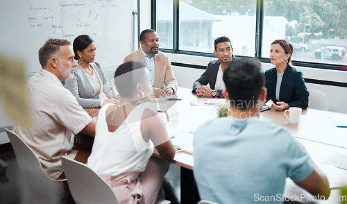 Image of Business people, meeting and strategy in corporate planning, brainstorming or team discussion at the office. Group of employees in teamwork, collaboration or communication in conference at workplace
