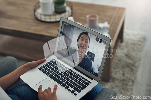 Image of Laptop, remote consulting with a doctor and a patient in the home for healthcare, medical or insurance. Video call, communication and virtual with a person talking to a medicine professional online