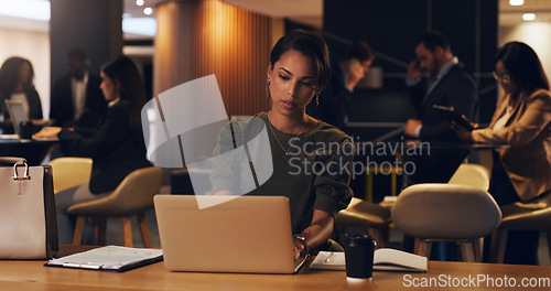 Image of Laptop, corporate coworking space and business woman on company project, online analysis or typing email. Lounge, review or professional person doing research, search or working on data report