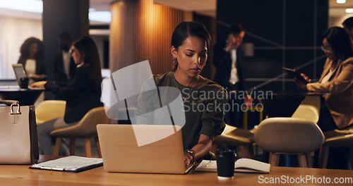 Image of Notebook, corporate lounge and woman reading company schedule, journal note or planner appointment information. Coworking, laptop and night person check research, business summary or review book info