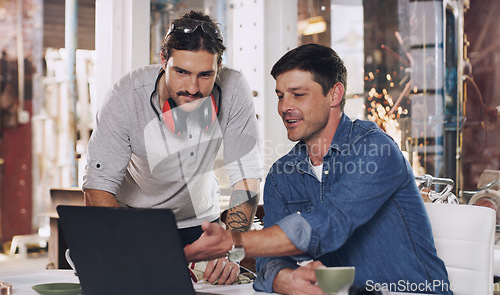 Image of Staff, talking and men with a laptop, workshop and collaboration with ideas, website information and search internet. Male people, coworkers or entrepreneur with employee, technology and metal work