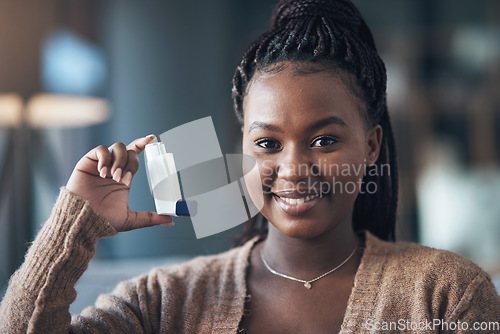 Image of Asthma, medicine and portrait of a woman with inhaler to breathe in home for health and wellness. Happy black person with pharmaceutical product for healthcare, lungs or chest and respiratory problem