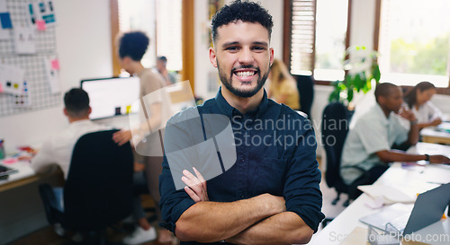 Image of Man, happy and portrait of designer with arms crossed in office workplace for business. Face, confidence and graphic design, male person or creative entrepreneur, professional and leadership mindset.