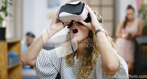 Image of Virtual reality, future and shocked woman in the metaverse, digital or VR in a technology agency or futuristic startup company. Smile, fantasy and surprised person using internet 3D web tech online