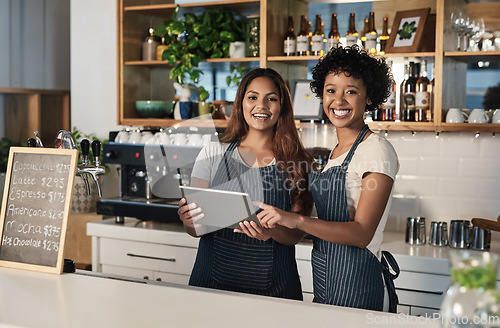 Image of Happy woman, tablet and portrait of waitress team at cafe for inventory, checking stock or order at restaurant. Barista women or small business teamwork on technology at coffee shop in online service