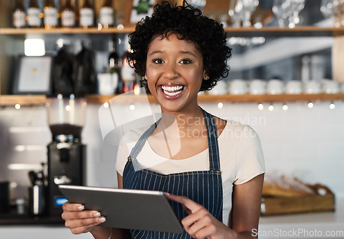 Image of Happy woman, tablet and portrait of barista at cafe with smile in management, inventory or stock at restaurant. Female person, waitress or employee on technology for small business at coffee shop