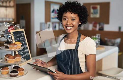 Image of Happy woman, tablet and portrait of barista at cafe for order, inventory or checking stock in management. Female person, waitress or employee on technology small business at coffee shop restaurant