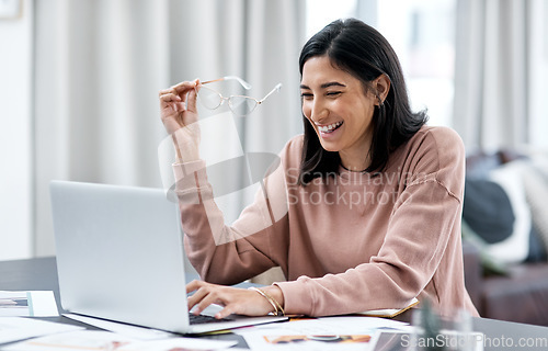 Image of Laptop, smile and remote work of woman or designer in home working on internet project. Computer, graphic design and happy female person, freelancer and typing email for business research