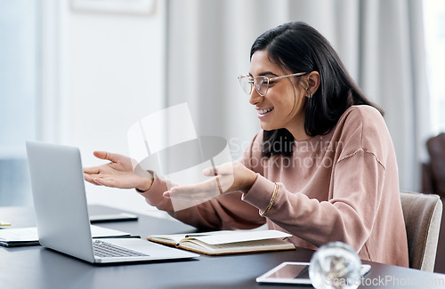 Image of Laptop, video call surprise and remote work of woman in home talking, discussion or communication. Computer, virtual chat and happy female person, freelancer and professional in online conversation.