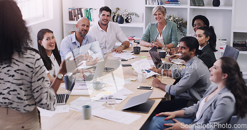 Image of Businesspeople, presentation with leader planning and with laptop at desk in a office at their workplace. Teamwork or collaboration, business meeting and colleagues discussing together in a boardroom
