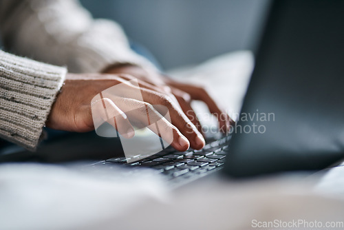 Image of Laptop, hands and person typing, work from home or e learning for online education, school website and course information. Working, planning and man or student on computer on studying or creative app