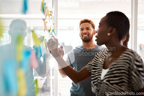 Image of Brainstorming, presentation and teamwork with black woman in meeting for speaker, notes and planning. Collaboration, goals and idea with business people in office for schedule, solution or moodboard